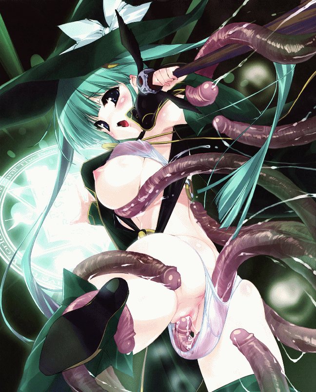 1boy 1girl animated animated_gif blush bow breasts copyright_request crying gif green_eyes green_hair hat large_breasts long_hair rape sex solo_focus tentacle tentacles tentacles_under_clothes twintails uncensored urotan vaginal witch witch_hat