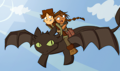 astrid_hofferson black_eyes breasts brown_hair brown_skin cartoon_network cody_(tdi) cosplay courtney_(tdi) dark-skinned_female dragon eyebrows female freckles green_sclera hiccup hiccup_horrendous_haddock_iii hourglass_figure how_to_train_your_dragon latina short_hair teeth thick_ass thick_legs thick_thighs toothless total_drama_island wings