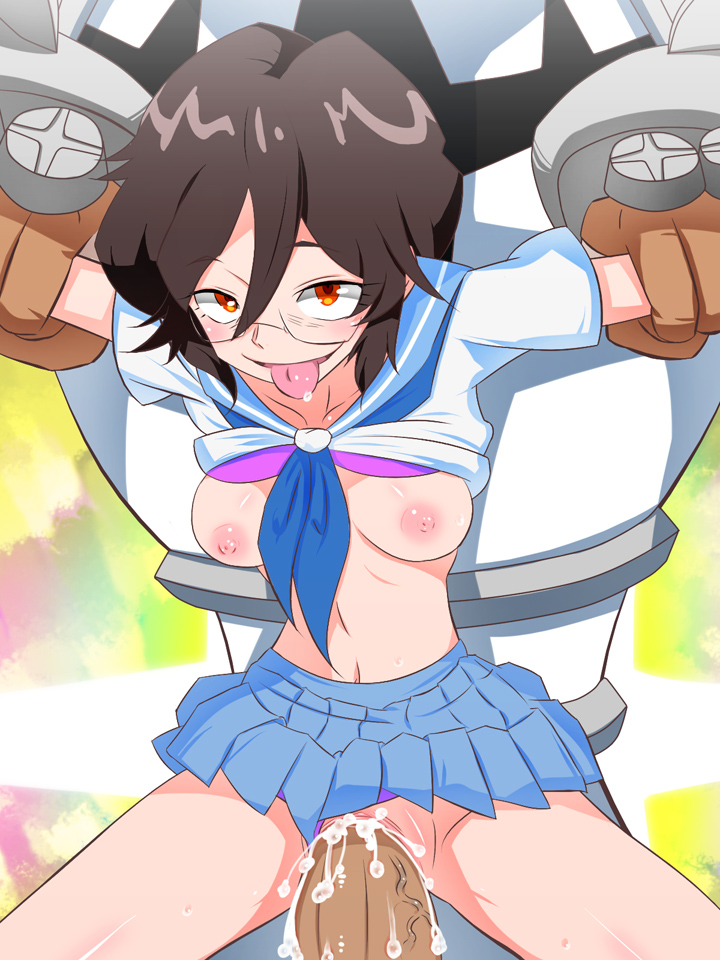 1boy 1girl ahegao bags_under_eyes bent_over blush bra breasts brown_hair clothed_sex cum cum_in_pussy erection female from_behind fucked_silly gamagoori_ira glasses hetero kill_la_kill large_insertion nipples ogure_maiko oogure_maiko orange_eyes panties panties_aside penis pussy rbx_lamen red_eyes saliva school_uniform sex shirt_lift shirt_up short_hair tongue tongue_out uncensored underwear uniform vaginal