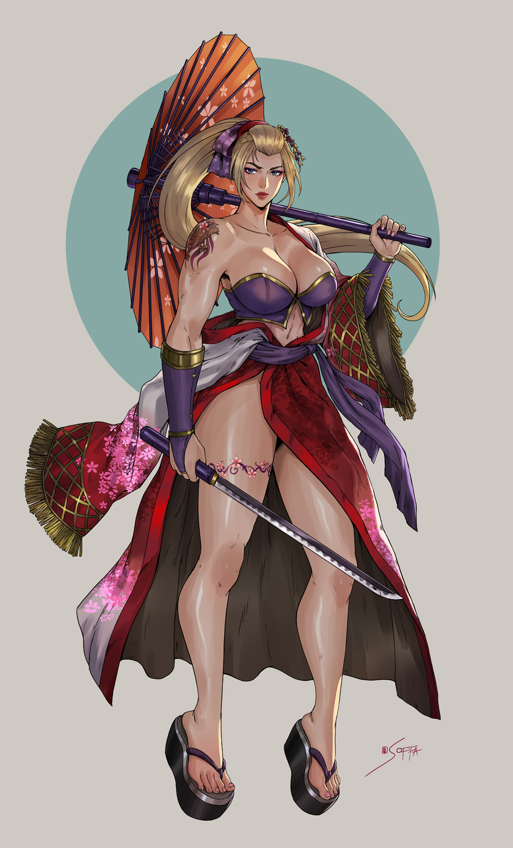 1girl alluring bare_shoulders big_breasts blonde_hair blue_eyes breasts bridal_gauntlets cleavage closed_mouth curvaceous_figure female_abs hair_ornament high_ponytail high_res holding holding_sword holding_umbrella holding_weapon japanese_clothes kimono leg_tattoo long_hair obi off_shoulder oil-paper_umbrella okobo revealing_clothes sash setsuka shoulder_tattoo soffa soul_calibur soul_calibur_iii soul_calibur_vi soulcalibur tattoo thick_thighs thighs toes umbrella weapon white_background wide_sleeves word