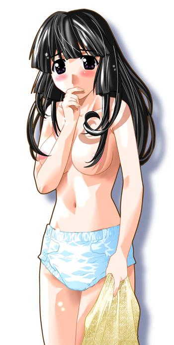 1girl adult_baby adultbaby biting black_eyes black_hair blush breasts censored convenient_censoring diaper elfen_lied female finger_biting long_hair no_bra nozomi_(elfen_lied) okamoto_lynn simple_background solo topless white_background