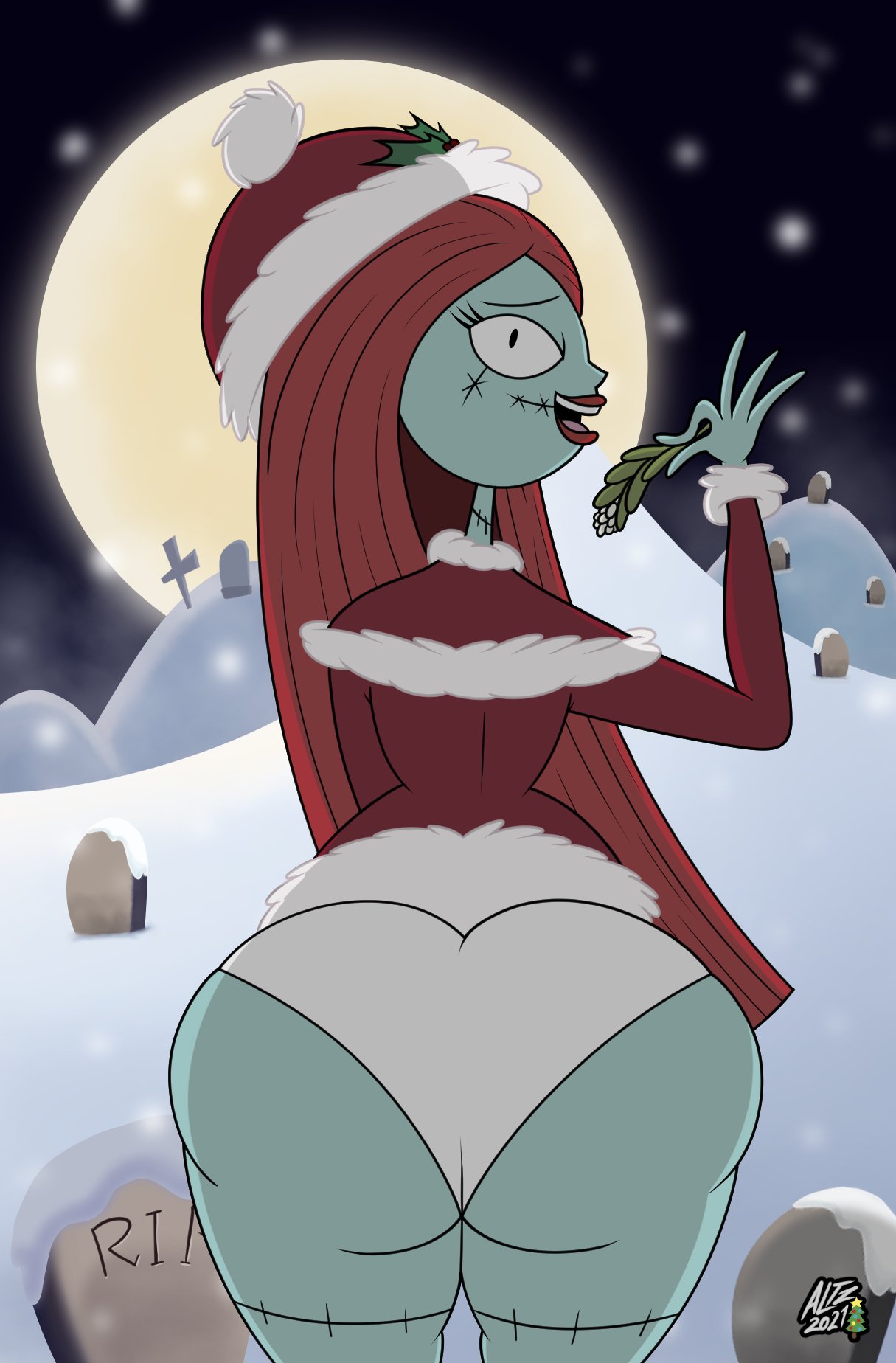 1girl altzegoz_(artist) ass big_ass big_breasts black_eyes bottom_heavy bubble_ass bubble_butt christmas christmas_outfit cute disney fat_ass fat_butt female_only huge_ass large_ass large_butt lipstick looking_at_viewer looking_back mistletoe monster_girl nightmare_before_christmas panties pantyshot red_hair red_lipstick sally_(nightmare_before_christmas) seducing seductive sexy sexy_ass sexy_body sideboob stitches thick_ass thick_thighs turquoise_skin undead underwear upskirt white_panties wide_hips