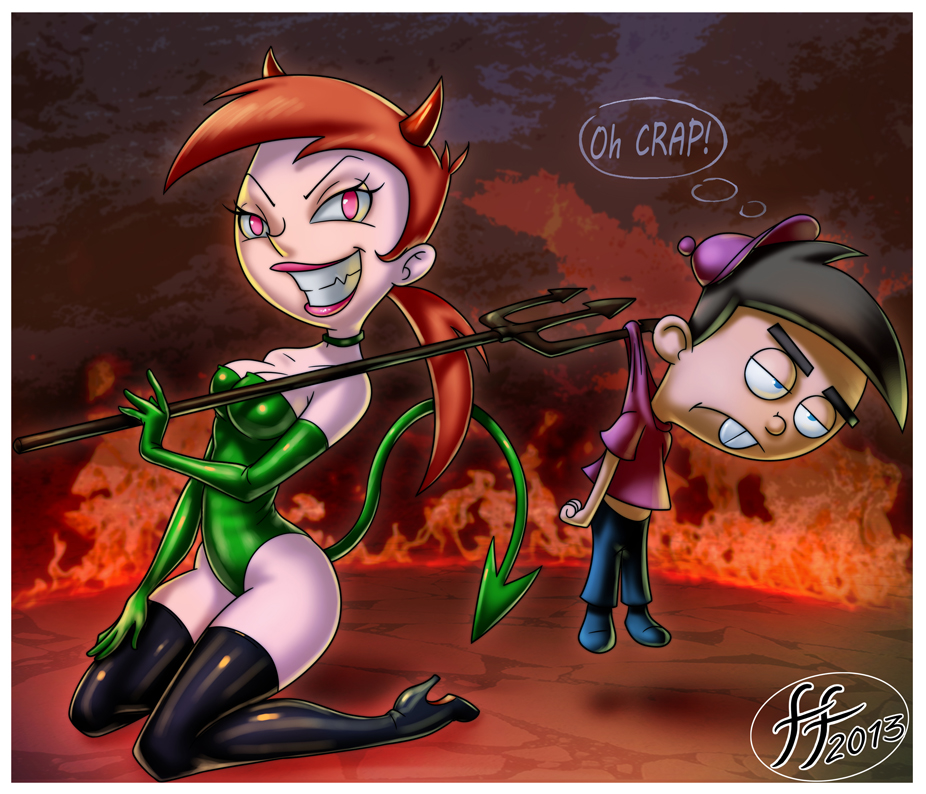 2013 blue_eyes boots breasts brown_hair cleavage cosplay fernando_faria_(artist) fire funny halloween hat high_heel_boots high_heels horns leotard lipstick orange_hair pink_eyes pitchfork smile tail the_fairly_oddparents timmy_turner vicky vicky_(fop) weapon
