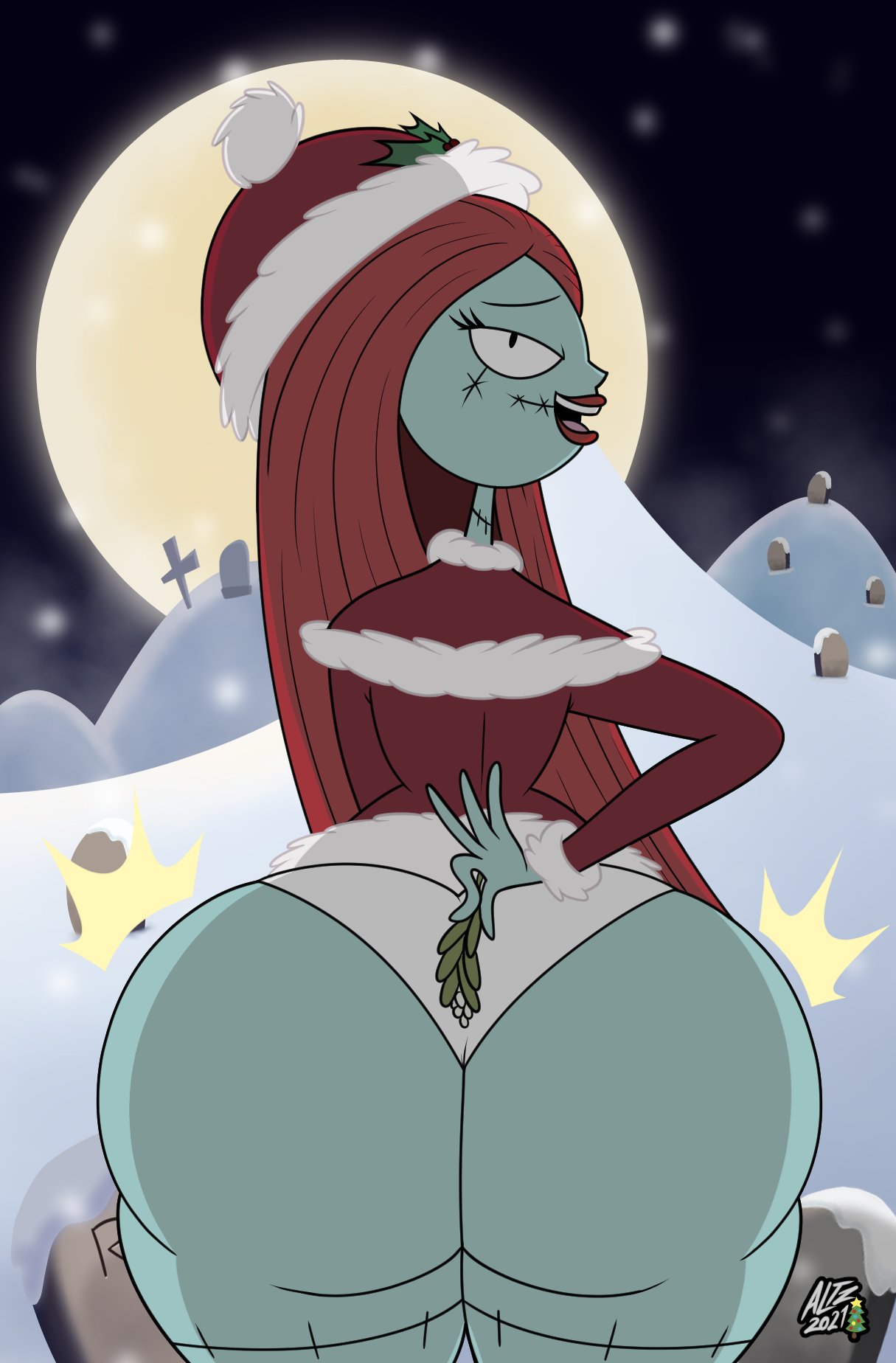 1girl altzegoz_(artist) ass ass_expansion big_ass big_breasts black_eyes bottom_heavy bubble_ass bubble_butt christmas christmas_outfit cute fat_ass fat_butt female_only huge_ass large_ass large_butt lipstick looking_at_viewer looking_back mistletoe monster_girl nightmare_before_christmas panties pantyshot red_hair red_lipstick sally_(nightmare_before_christmas) seducing seductive sexy sexy_ass sexy_body sideboob stitches thick_ass thick_thighs turquoise_skin undead underwear upskirt white_panties wide_hips