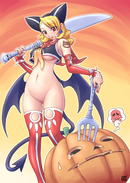 1girl blonde_hair bottomless breasts curvy demon_girl fork halloween hips kenix no_panties pussy red_eyes solo succubus tail thighhighs uncensored underboob wide_hips wings