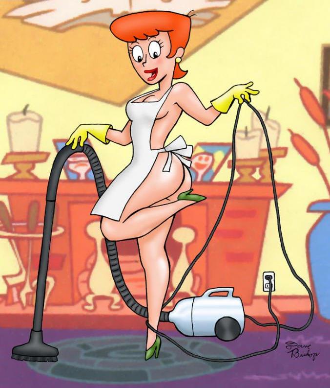 1girl apron ass cleaning dexter's_laboratory dexter's_mom female_only gloves heels lipstick milf naked_apron red_hair rocketdave
