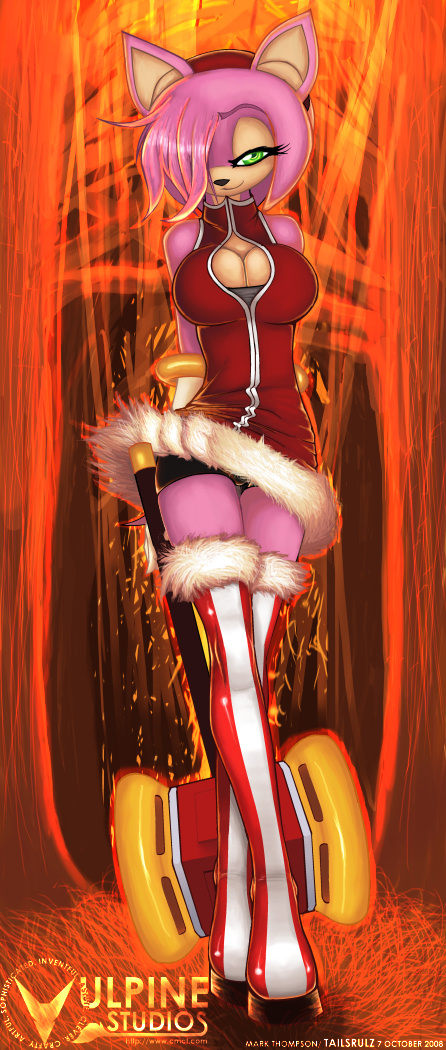 1girl amy_rose big_breasts cleavage cleavage_cutout deviantart full_body furry green_eyes hammer mark_thompson mark_thompson_(artist) pink_hair sega sonic_(series) standing tailsrulz thigh-highs thighhighs