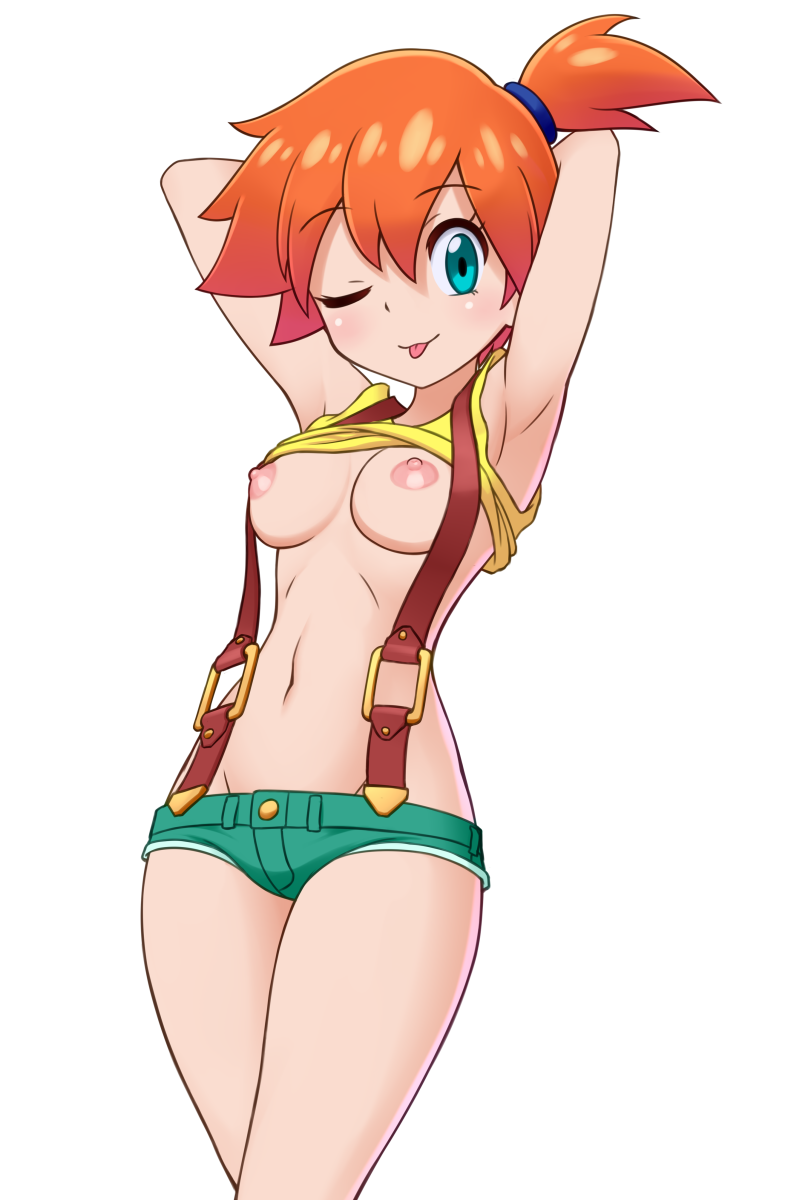 1girl 1girl 1girl armpits arms_behind_head bangs bare_arms blush breasts buttons closed_mouth clothes_lift clothes_pull clothing creatures_inc. eyebrows_visible_through_hair eyelashes game_freak green_eyes green_shorts hair_between_eyes hair_tie high_resolution looking_at_viewer micro_shorts misty_(pokemon) navel nintendo nipples one_side_up orange_hair pokemon pokemon_(anime) pokemon_(classic_anime) pokemon_(game) pokemon_character pokemon_red_green_blue_&amp;_yellow shirt shirt_lift shirt_pull short_hair shorts simple_background sleeveless sleeveless_shirt smile suspenders tied_hair tongue tongue_out wasabi-joyu white_background yellow_shirt