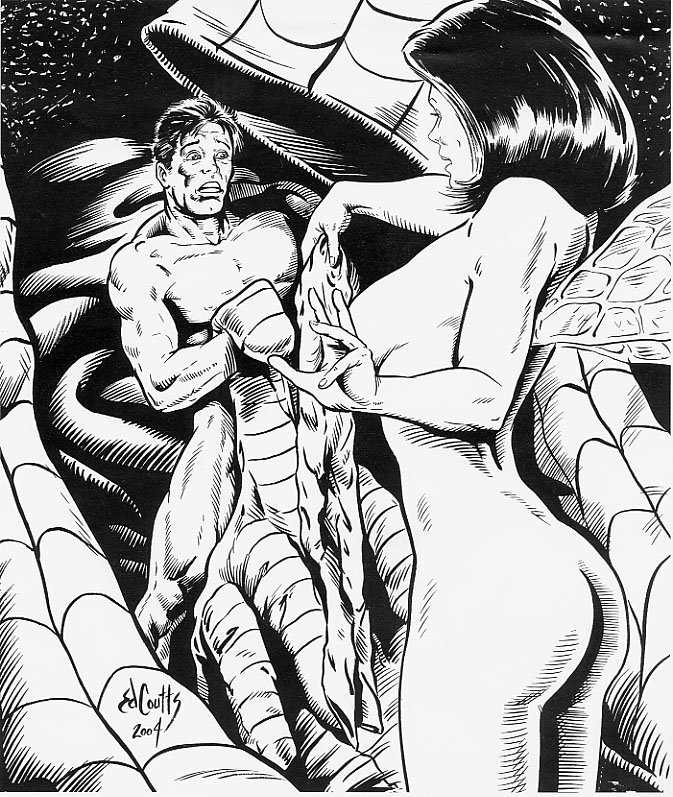 1boy 1girl 2004 artist_name ass avengers big_breasts bottomless breasts dated ed_coutts female janet_van_dyne long_hair male marvel marvel_comics monochrome naked nude peter_parker short_hair shrunk signature spider-man spider-man_(series) superhero superheroine the_wasp topless uncensored wings