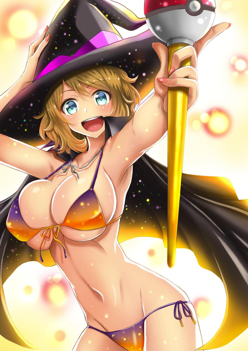 1girl :d adjusting_clothes adjusting_hat alluring aqua_eyes armpits bikini blonde_hair blush breasts cape cleavage commentary_request costume cowboy_shot foreshortening front-tie_bikini front-tie_top gradient_bikini groin halloween halloween_costume hat highres large_breasts light_particles looking_at_viewer nail_polish navel open_mouth pink_nails poke_ball pokemon pokemon_(anime) pokemon_xy pokemon_xy_(anime) serena serena_(pokemon) short_hair side-tie_bikini sideboob smile solo staff stomach swimsuit takecha underboob witch witch_hat