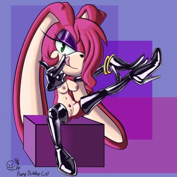 angryburger2016 dominatrix latex_boots latex_gloves middle_finger scarlet_the_bunny sega sonic_oc tongue_out