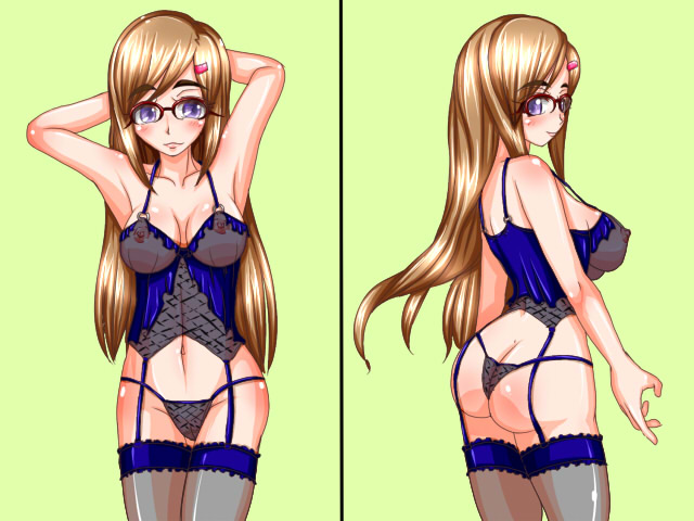 ass blue_thong breasts glasses lingerie nipples panties see-through smile solo thong underwear