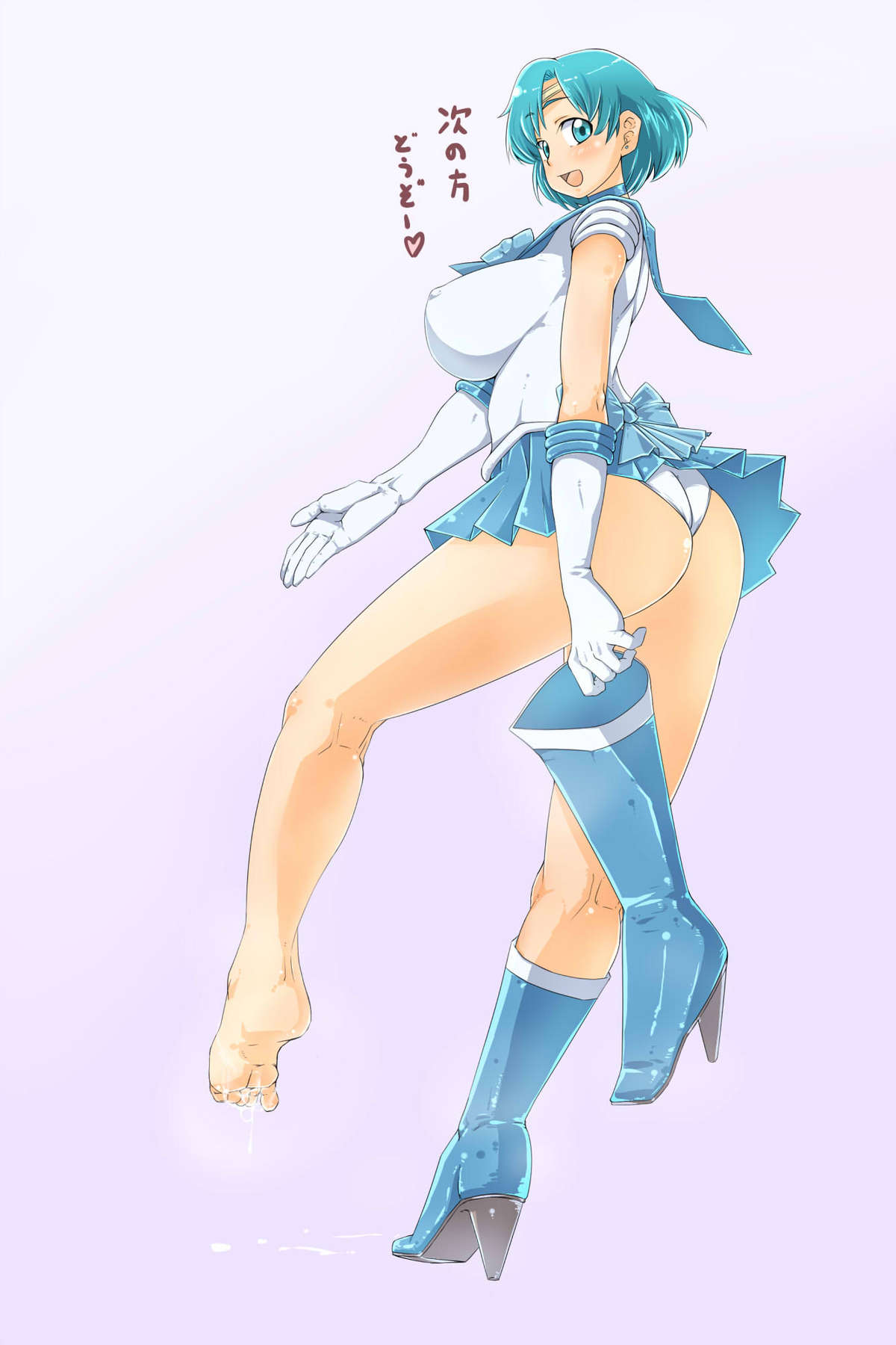 1_girl 1girl aftersex alternate_breast_size ami_mizuno ass bare_legs barefoot big_breasts bishoujo_senshi_sailor_moon blue_eyes blue_hair blue_skirt blush boots bow breasts choker clothed cum cum_on_body cum_on_lower_body cumdrip ear_studs earrings elbow_gloves erect_nipples feet female footjob gloves heart high_heels highres huge_breasts jewelry knee_boots large_breasts leotard magical_girl miniskirt mizuno_ami panties pantyshot pleated_skirt sailor_collar sailor_mercury sailor_moon sailor_outfit serafuku shoes short_hair simple_background skirt smell solo spoken_heart standing standing_on_one_leg sweat text thighs tiara translated underwear warumono_tomii white_background white_panties