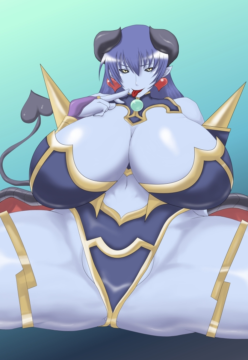 armor astaroth astaroth_(shinrabanshou) bare_shoulders blue_hair blue_skin breasts choker chubby cleavage curvy demon_girl demon_tail detached_sleeves devil earrings elbow_gloves fingerless_gloves gigantic_breasts gloves green_background heart hearts high_res highres horns huge_breasts jewelry lick licking long_hair milf naughty_face navel pendant plump pointy_ears shinrabanshou simple_background sitting spikes spread_legs succubus tail thick_thighs thighs tongue tongue_out yasumon yellow_eyes