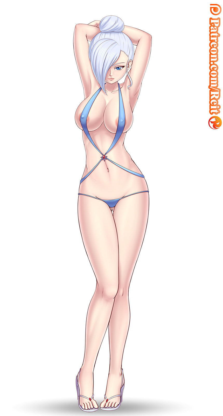 1girl blue_eyes breasts female female_only hair_over_one_eye hands_behind_head high_heels looking_at_viewer mostly_nude nipples reit rwby solo standing thong white_hair winter_schnee