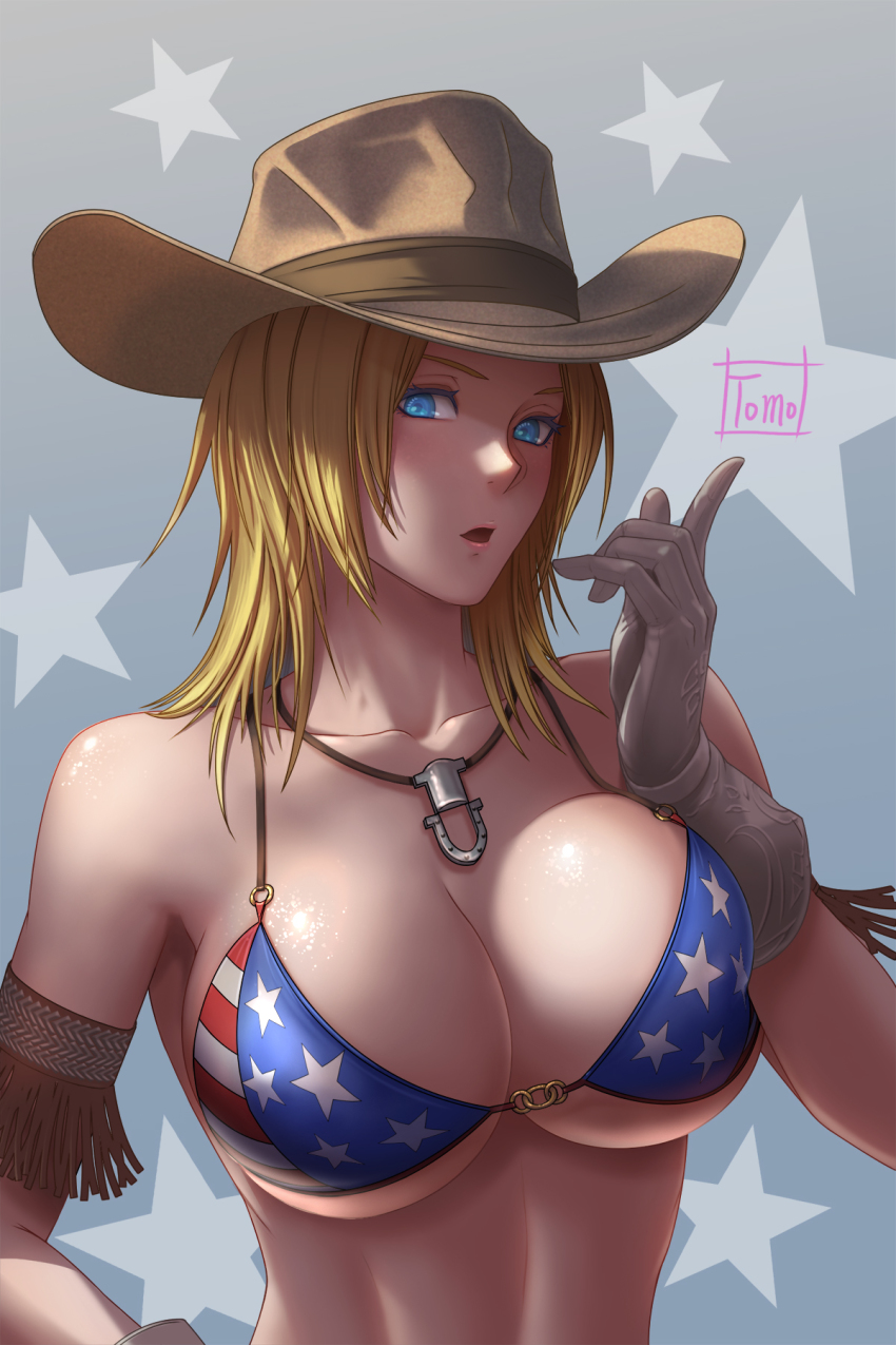 1girl 1girl alluring american_flag_bikini artist_name bare_shoulders big_breasts big_breasts bikini bikini_top_only blonde_hair blue_eyes blush breasts brown_gloves cowboy_hat dead_or_alive dead_or_alive_5 flag_print gloves hat high_res horseshoe_ornament jewelry looking_at_viewer medium_hair neck necklace open_mouth parted_lips short_hair star_(symbol) starry_background swimsuit tecmo tina_armstrong tomo_eokaiteru upper_body white_gloves