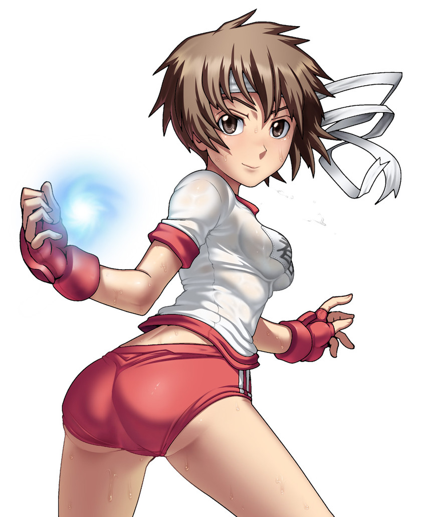 1girl alternate_costume ass breasts brown_eyes brown_hair buruma capcom fingerless_gloves gloves gym_uniform hands headband highres impossible_clothes impossible_shirt kasugano_sakura looking_at_viewer see-through shirt short_hair simple_background solo sportswear street_fighter street_fighter_iv street_fighter_iv_(series) sweat tabigarasu tight white_background
