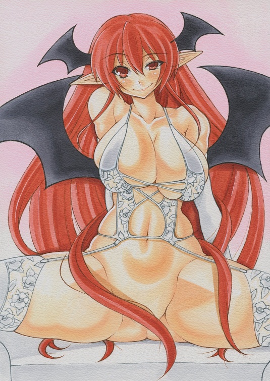1girl arm_support bare_shoulders big_breasts bottomless breasts censor_hair censored cleavage convenient_censoring curvy female garter_straps hair_censor head_tilt head_wings koakuma large_breasts leaning_back long_hair looking_at_viewer navel pink_background pointy_ears red_eyes red_hair sitting smile solo spread_legs stockings thighhighs touhou traditional_media underwear underwear_only uneven_eyes very_long_hair white_legwear wings yutakasan-love