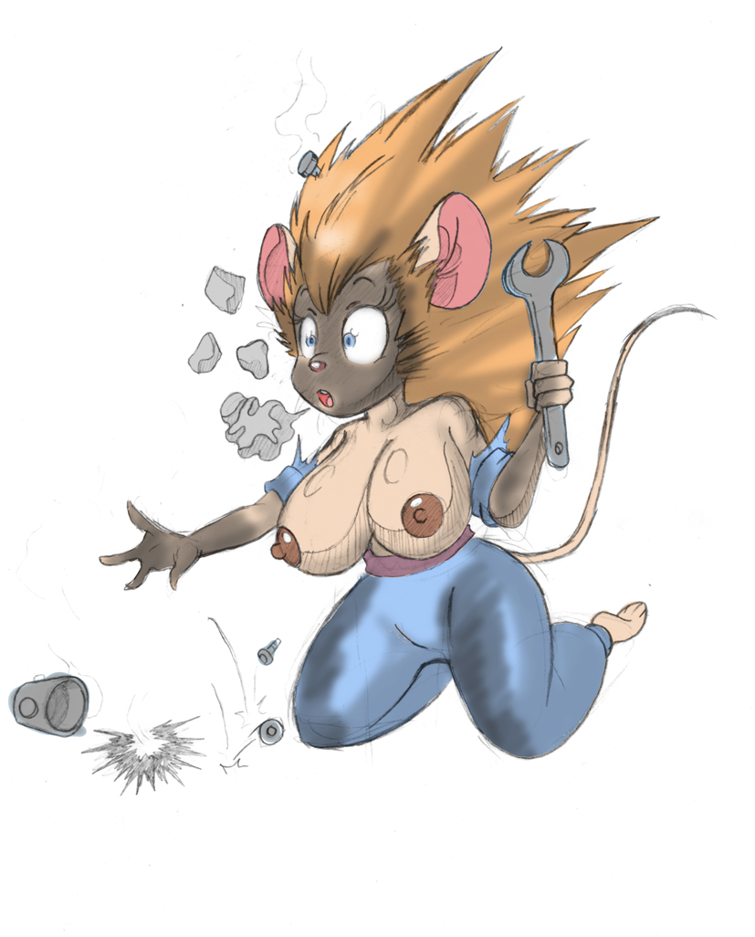accident big_breasts blonde_hair blue_eyes breasts chip_'n_dale_rescue_rangers disney female gadget_hackwrench hair lordstevie lordstevie_(artist) mouse nipples plain_background rodent solo surprise wardrobe_malfunction white_background wrench