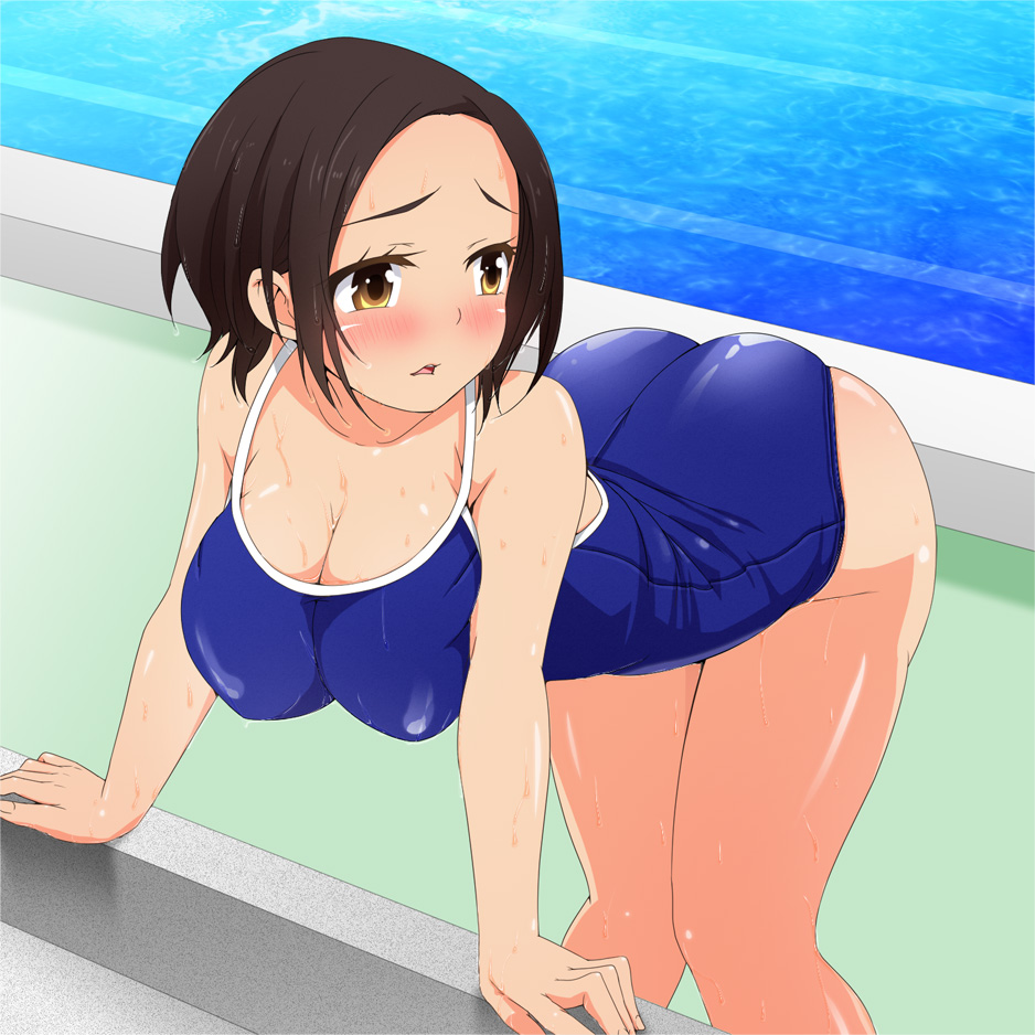 1girl after_sex aomizuan bent_over big_breasts black_hair blood blush breasts cleavage cum cum_drip cum_inside fingers hands heart large_breasts long_hair looking_back nipples open_mouth original panties panty_pull pool pussy pussy_juice saliva shoes short_hair skirt smile socks solo sweat swimsuit tears translation_request trembling twin_tails underwear water white_legwear yellow_eyes