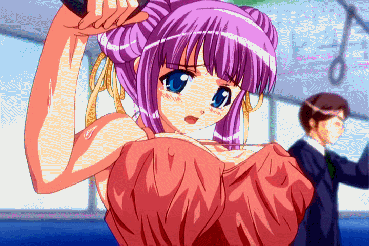 :o akaza animated animated_gif arm_up bangs big_breasts black_hair blue_eyes blunt_bangs blush bouncing_breasts breast_grab breast_lift breasts bust chikan cleavage closed_eyes double_bun erect_nipples formal gif gif_artifacts grabbing groping hair hair_ribbon hand_under_clothes hands_under_clothes hands_under_clothing henshin! large_breasts living_clothes looking_down open_mouth purple_hair ribbon shiny shiny_hair short_hair standing suit tears train train_interior under_clothes upper_body window