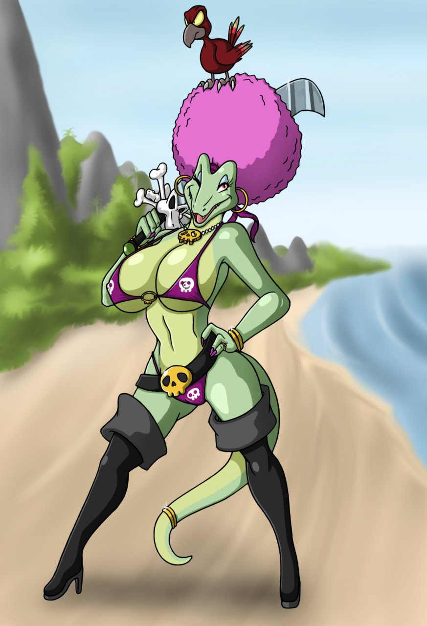 2011 afro alligator anthro avian big_breasts bikini bird boots breasts donkey_kong_(series) ear_piercing earring female feral hair jewelry kalypso kremling looking_at_viewer lordstevie lordstevie_(artist) necklace one_eye_closed piercing pink_hair pirate reptile scalie skimpy solo sword tail unconvincing_armor unconvincing_armour weapon wink