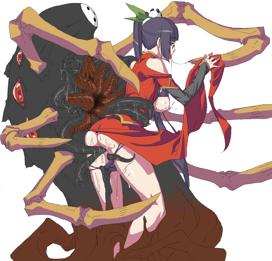 1girl arakune arc_system_works ass back beastiality black_hair blazblue blazblue:_calamity_trigger breasts china_dress chinadress chinese_clothes dress glasses hair_ornament litchi_faye_ling long_hair monster nipples oekaki open_mouth panties panty_pull ponytail saliva sex tentacle tentacles underwear unpokotan vaginal very_long_hair