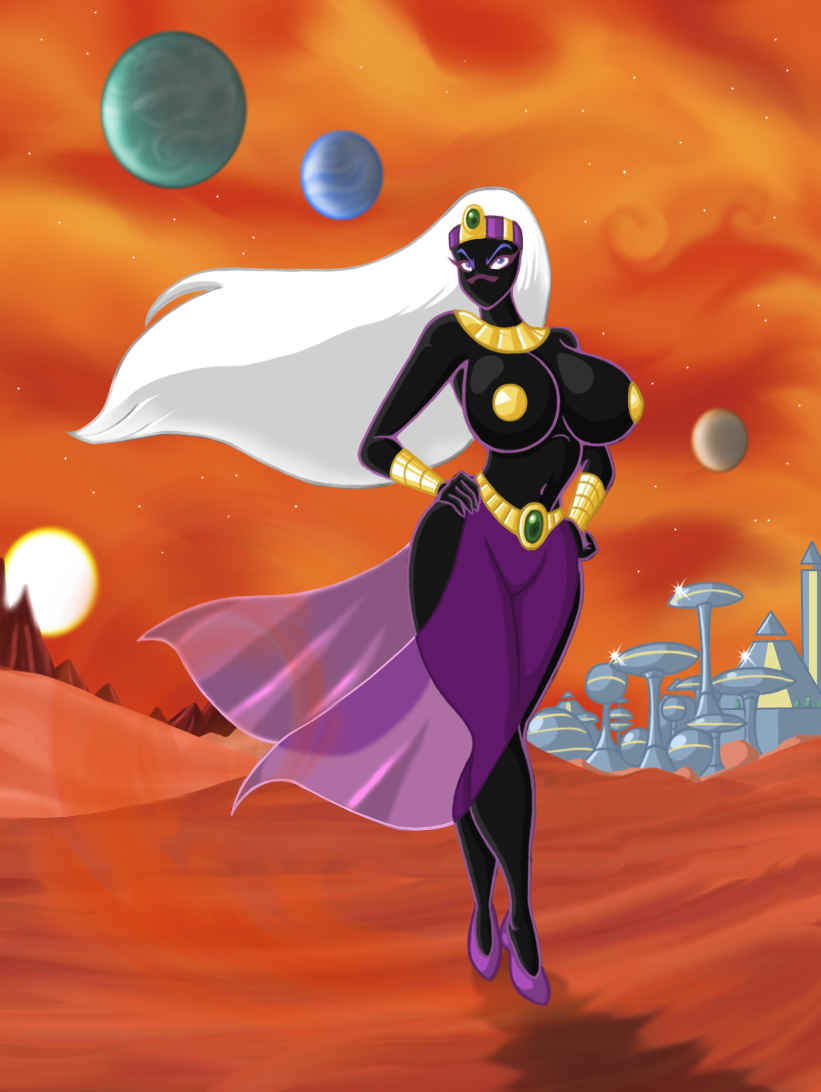 alien background big_breasts big_thighs breasts city detailed_background duck_dodgers female headband jewelry looking_at_viewer lordstevie lordstevie_(artist) night pasties planets queen_tyr'ahnee solo space stars thick_thighs unconvincing_armor unconvincing_armour