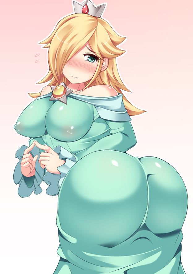 1girl aqua_eyes ass ass_up bare_shoulders big_breasts blonde blonde_hair blush breasts crown dress erect_nipples female from_behind gown hair_over_one_eye hisui_(stapspats) huge_ass impossible_clothes large_breasts long_dress long_hair looking_back mario_(series) nintendo nipples no_bra princess princess_rosalina puffy_nipples rosalina rosalina_(mario) rosetta_(mario) see-through shokusyu simple_background solo super_mario super_mario_bros. super_mario_galaxy wavy_mouth