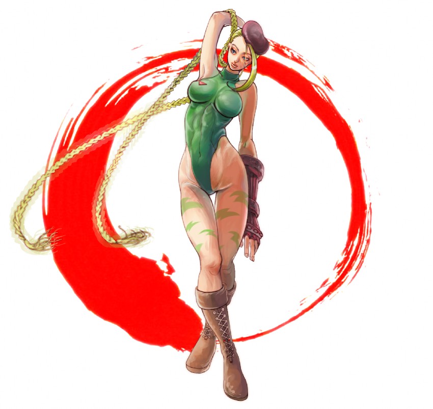 1girl 90s bare_shoulders beret blonde_hair blue_eyes bodypaint boots braid cammy_white capcom fingerless_gloves gloves green_leotard hat highleg highleg_leotard highres leotard long_hair navel scar skin_tight solo standing street_fighter street_fighter_ii street_fighter_iv street_fighter_iv_(series) suhama thighs thong_leotard twin_braids very_long_hair