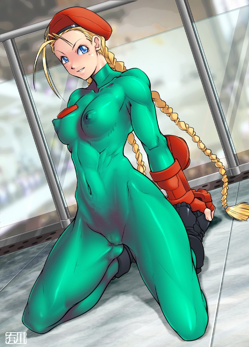 1girl alternate_costume antenna_hair arikawa bangs beret blonde_hair blue_eyes bodypaint bodysuit boots braid breasts cammy_white capcom censored collarbone dutch_angle erect_nipples false_clothes fingerless_gloves floor gloves hat highres kneeling long_hair looking_at_viewer medium_breasts mosaic_censoring muscle navel nipples painted_clothes pointless_censoring pubic_hair puffy_nipples sitting skin_tight solo street_fighter twin_braids very_long_hair window