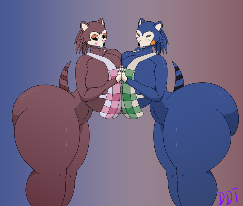 1girl animal_crossing anthro apron ass big_ass big_breasts blue_body breast_squish breasts brown_body clothing darkdraketom duo eulipotyphlan furry hand_holding hedgehog huge_ass huge_breasts huge_thighs hyper hyper_breasts hyper_butt hyper_thighs legwear mabel_able mammal nintendo sable_able simple_background spikes squish stockings thick_thighs video_games