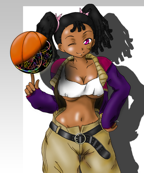 basketball basquash! breasts dark-skinned_female dreadlocks midriff miyuki_ayukawa navel purple_eyes tank_top twin_tails twintails underboob wink