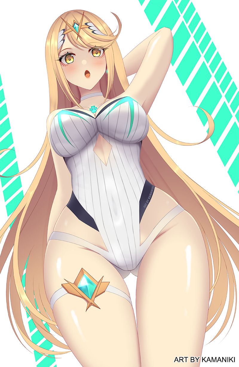 1girl alluring arm_behind_head armpits big_breasts blonde_hair breasts choker core_crystal covered_navel earrings kamaniki long_hair looking_at_viewer looking_down mythra nintendo one-piece_swimsuit swimsuit thigh_gap thigh_strap tiara white_one-piece_swimsuit white_swimsuit xenoblade_(series) xenoblade_chronicles_2 yellow_eyes