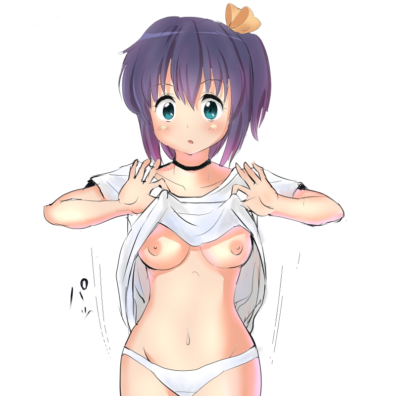 1girl black_hair blue_eyes breasts hair_ornament nipples open_mouth panties ponytail shirt_lift side_ponytail solo underwear white_panties