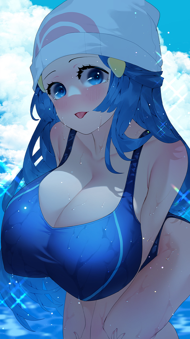1girl alluring beanie big_breasts blue_eyes blue_hair breasts creatures_(company) dawn dawn_(pokemon) game_freak hair_ornament hairclip hat nintendo pokemon pokemon_(game) pokemon_dppt sparkle sumisumii swimsuit tongue tongue_out water wet wet_clothes wet_swimsuit