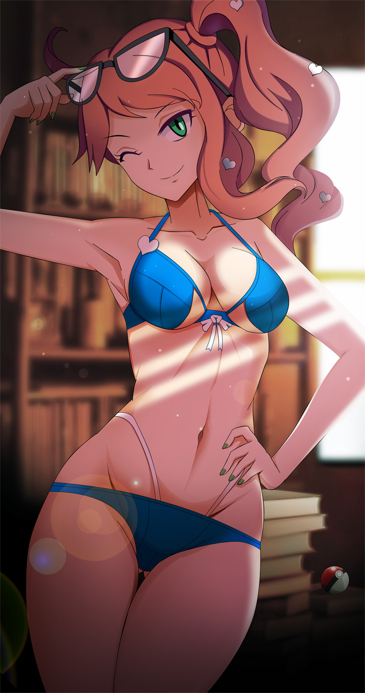 1girl alluring alternate_breast_size alternate_outfit armpits athletic_female bikini blue_eyes blue_panties eyeliner female_abs female_only fit_female glasses glasses_on_head green_nails hand_on_hip hourglass_figure human human_only medium_breasts nintendo one_eye_closed orange_hair painted_nails pokemon pokemon_ss ponytail seductive sonia_(pokemon) swimsuit thick_thighs thigh_gap under_boob vivivoovoo wide_hips wink