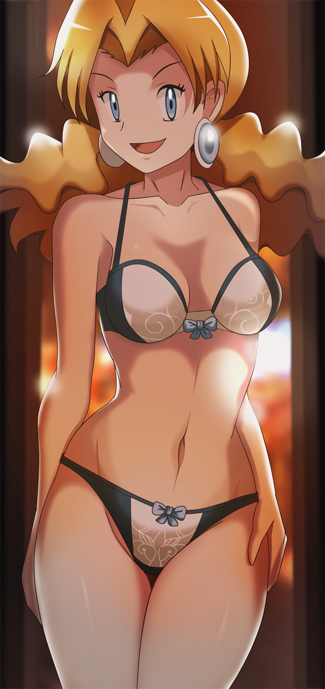 1girl alluring blonde_hair blue_eyes bow bow_bra bow_panties breasts earrings hand_on_hip human lingerie looking_at_viewer me_snowdon molly_hale navel nintendo open_mouth pokemon pokemon_(movie) pokemon_3:_the_movie_-_spell_of_the_unown:_entei pokemon_gsc smile thin_waist transformed underwear vivivoovoo