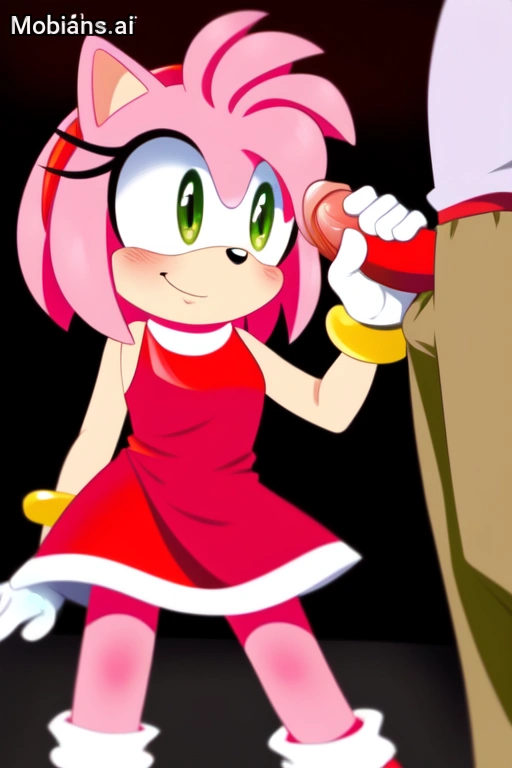 ai_generated amy_rose clothed dress holding_penis human interspecies looking_at_penis mobians.ai red_dress sega size_difference smile sonic_the_hedgehog_(series)