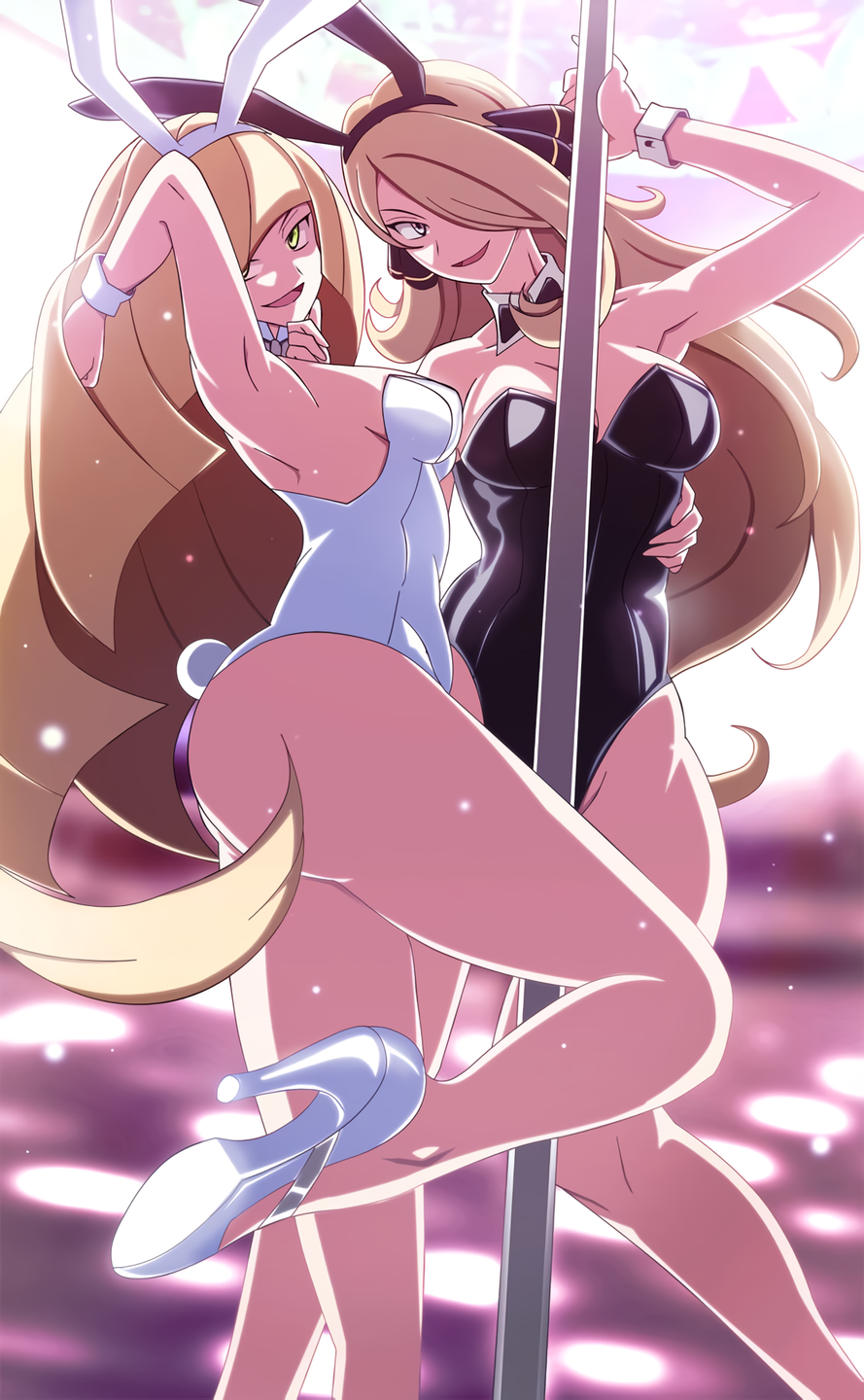2_girls alluring alternate_outfit animal_ears armpits ass blonde_hair bodysuit breasts bunny_ears bunny_girl bunnysuit cleavage cynthia_(pokemon) eye_contact female_focus female_only game_freak green_eyes grey_eyes grin hair_ornament hair_over_one_eye half-closed_eyes high_heels high_res human human_only long_hair looking_at_viewer lusamine_(pokemon) milf multiple_girls nintendo pokemon pokemon_champion pokemon_dppt pokemon_sm pole pole_dancer pole_dancing pose shoes smile source_request stripper_pole thick_thighs vivivoovoo wide_hips