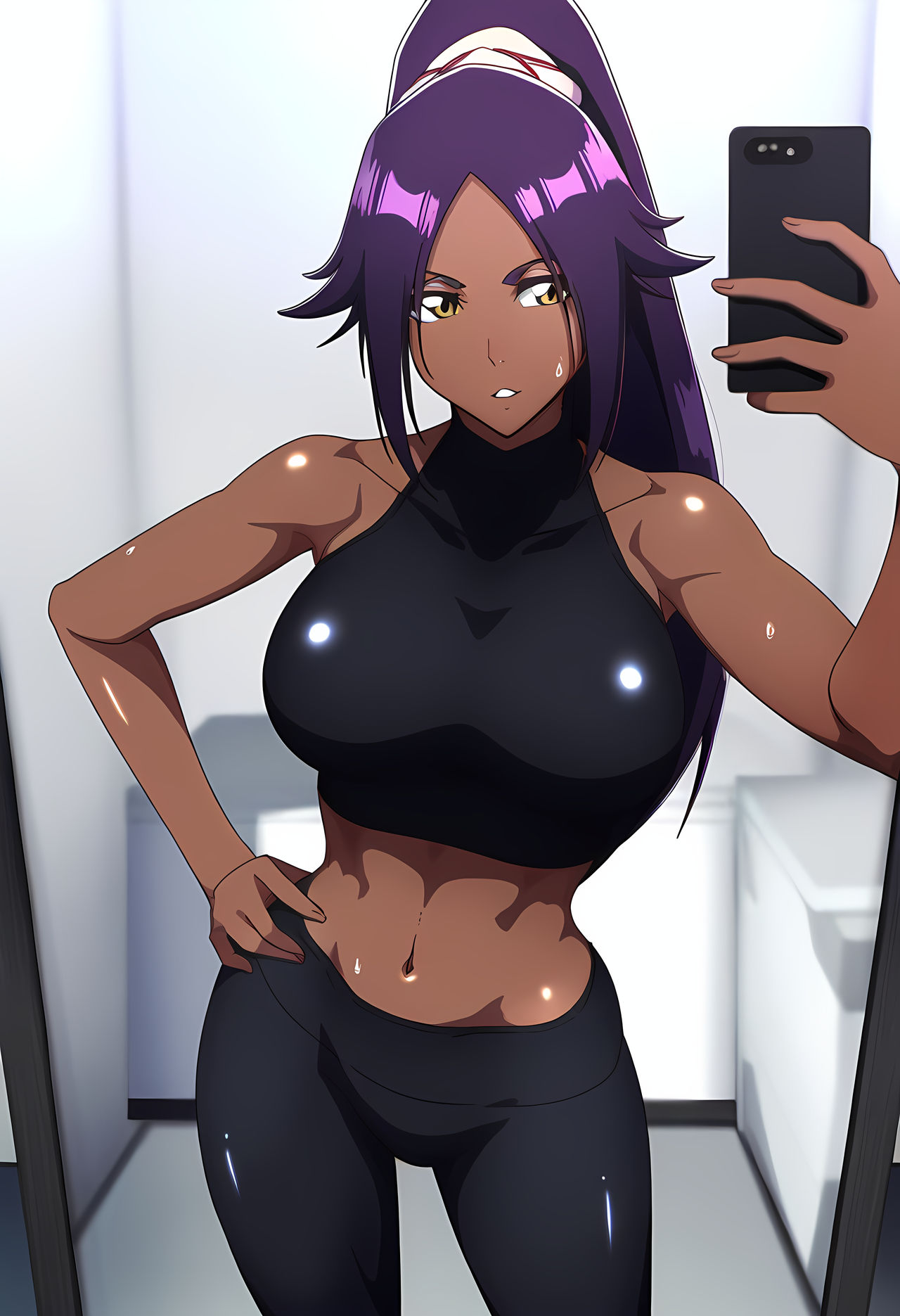 1girl ai_generated big_breasts bleach breasts cellphone dark-skinned_female dark_skin envisionai female_only legs long_hair mature_female selfpic sexually_suggestive shihouin_yoruichi solo_female solo_focus workout_clothes yellow_eyes