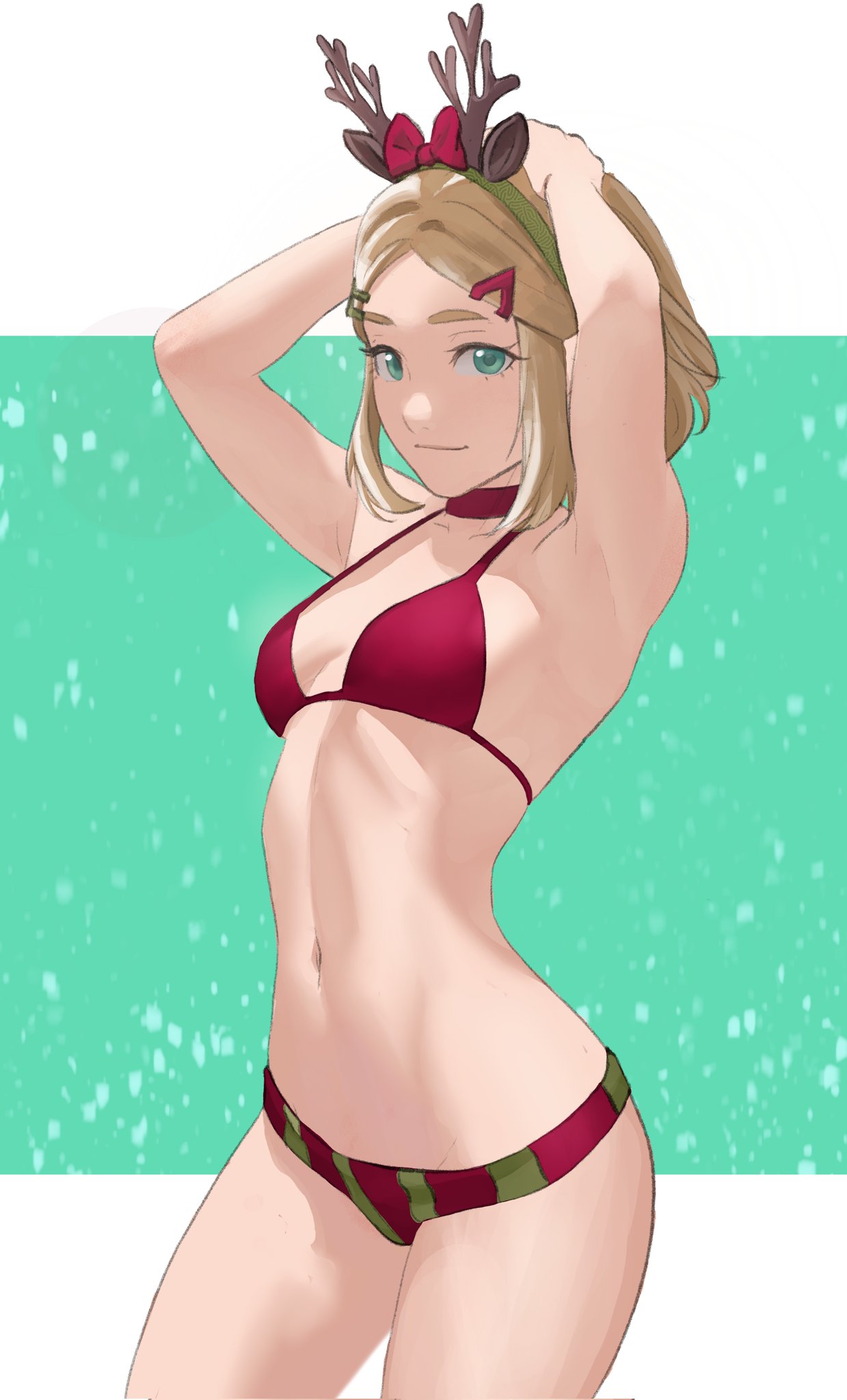 1girl 1girl alluring antlers bikini blonde_hair breasts closed_mouth fake_antlers green_background green_eyes green_hairband hair_ornament hairband hairclip hands_on_own_head high_res looking_at_viewer navel nintendo parted_bangs pomelomelon princess_zelda red_bikini reindeer_antlers santa_bikini short_hair small_breasts smile swimsuit the_legend_of_zelda the_legend_of_zelda:_tears_of_the_kingdom two-tone_background white_background