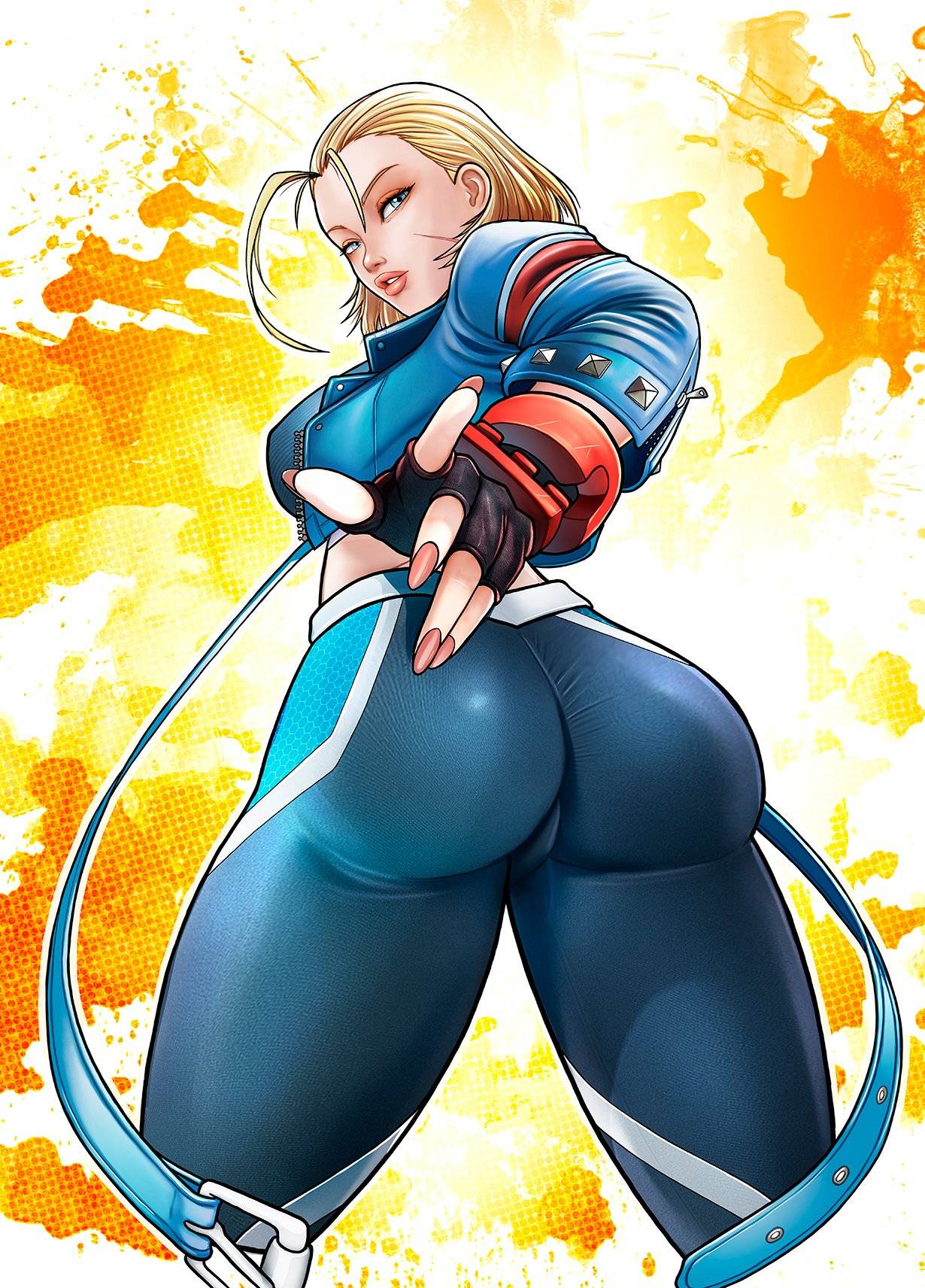 1girl ass big_ass blonde_hair blue_eyes cammy_white capcom clothed dat_ass female_only fully_clothed high_res hot light-skinned_female light_skin looking_at_viewer looking_back rankgo scar sfw solo_female street_fighter street_fighter_6 thunder_thighs tight_clothing tight_fit twitter