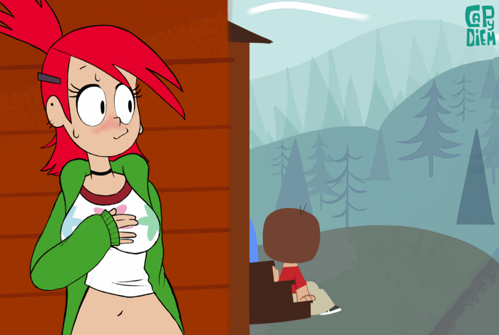 1boy 1girl bloo blooregard capy_diem cartoon_network clothing flashing foster's_home_for_imaginary_friends frankie_foster gif hiding mac_(fhfif) male presenting presenting_breasts public red_hair shirt shirt_lift shirt_up sitting stairs wall