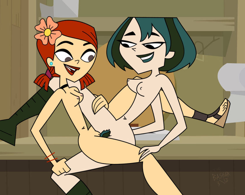 2_girls black_eyes black_hair braided_hair breasts brown_eyes cartoon_network dyed_hair goth green_hair gwen_(tdi) hourglass_figure nude pale-skinned_female red_hair scissor_position scissoring thick_ass thick_legs thick_thighs total_drama_island tribadism two_tone_hair wasp_waist yuri zoey_(tdi)