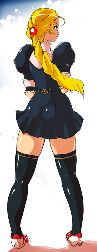 1girl ahoge ass back black_legwear black_thighhighs blonde_hair braid copyright_request dress female from_behind full_body glasses hair_bobbles hair_ornament long_hair looking_back pince-nez ponytail shoes short_dress skirt sneakers solo stockings thick_thighs thighhighs thighs ya-zy zettai_ryouiki