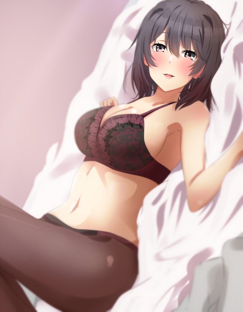 1girl 1girl alluring bangs bed_sheet big_breasts black_bra black_hair bra breasts brown_pantyhose cleavage commentary_request dutch_angle feet_out_of_frame from_side gradient_hair grey_eyes hair_between_eyes hands_up knees_up legs_together lieass looking_at_viewer lying medium_hair multicolored_hair navel on_back open_mouth pantyhose purple_bra purple_hair sideways silf smile two-tone_bra two-tone_hair underwear yahari_ore_no_seishun_lovecome_wa_machigatteiru. yukinoshita_haruno