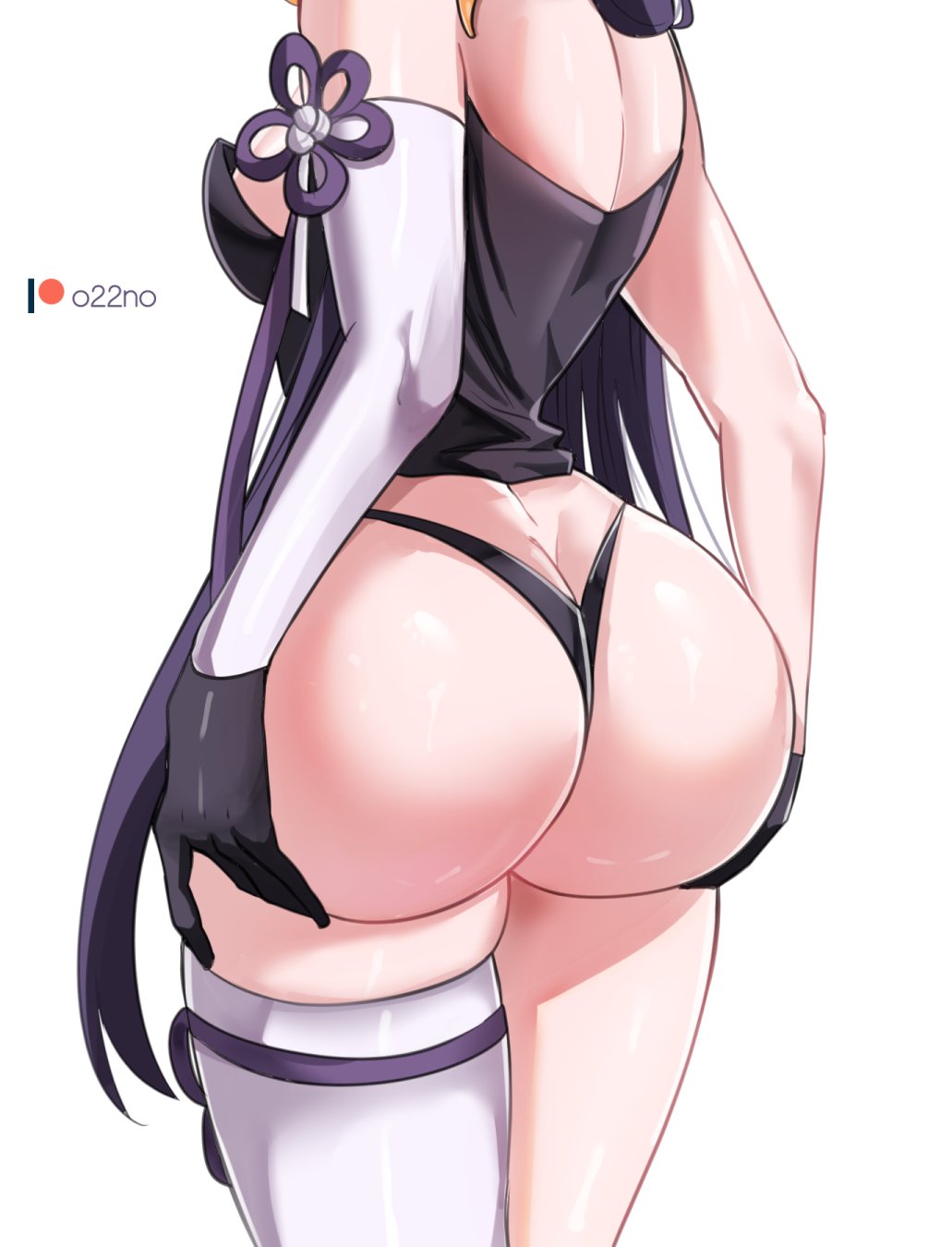 1girl 1girl alternate_breast_size ass ass_grab breasts elbow_gloves gloves grabbing_own_ass head_out_of_frame high_res highleg highleg_panties hololive hololive_english huge_ass long_hair medium_breasts multicolored_hair ninomae_ina'nis o22no orange_hair panties patreon_username purple_hair shirt single_elbow_glove single_thighhigh stockings strapless strapless_shirt tentacle_hair thigh_strap thighs thong underwear very_long_hair virtual_youtuber white_background