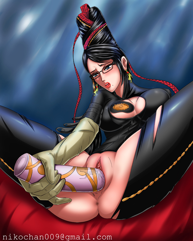 1girl anus ass bayonetta bayonetta_(character) black_hair blue_eyes blush bodysuit breasts cleavage cleavage_cutout clitoris dildo earrings elbow_gloves female glasses gloves hairless_pussy huge_breasts jewelry large_breasts lipstick long_hair makeup masturbation mole nikochan no_bra no_panties object_insertion open_mouth pussy pussy_juice sega sitting solo spread_legs thighhighs torn_clothes uncensored vagina vaginal vaginal_object_insertion