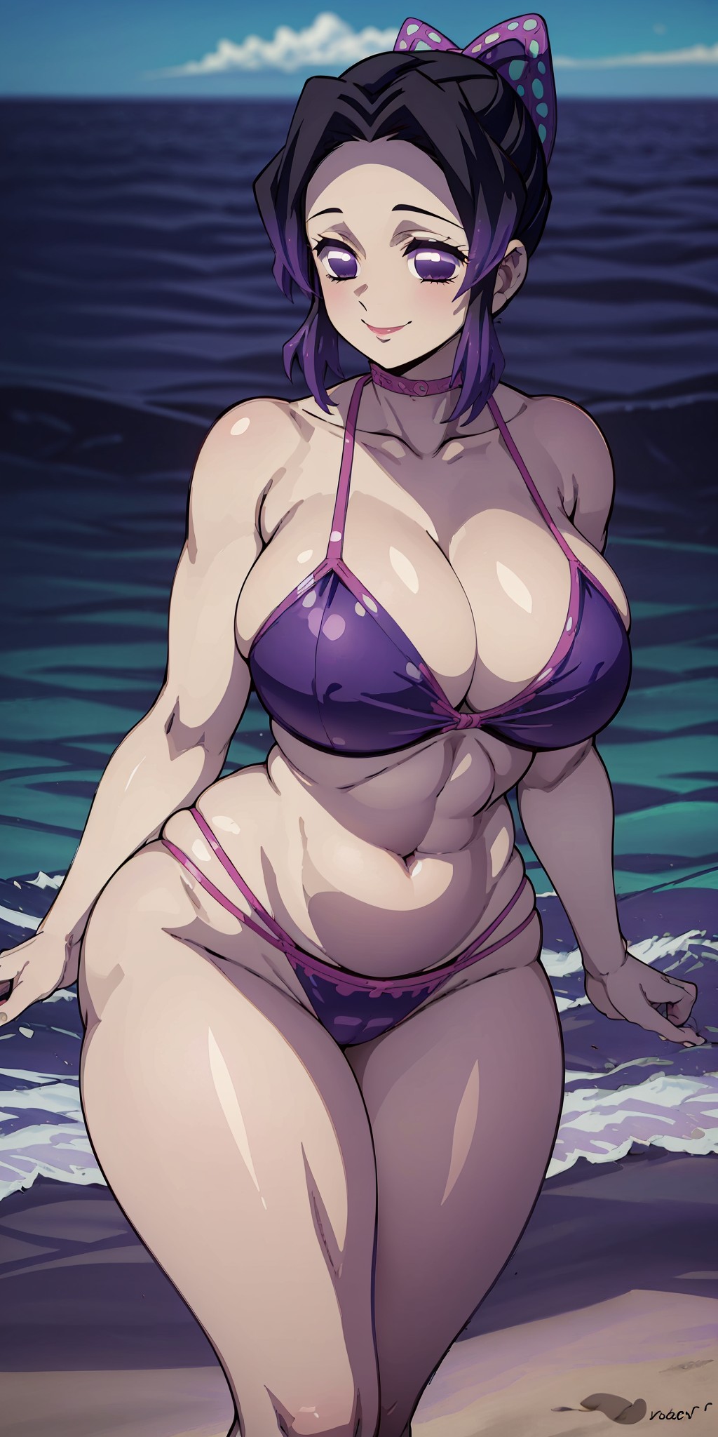 1girl 1girl 1girl 2023 alluring athletic_female beach big_breasts bikini blush blush_lines blushing_at_viewer breasts cloud clouds collarbone demon_slayer female_abs female_focus female_only fit_female grin high_res high_resolution hips hourglass_figure kochou_shinobu looking_at_viewer outside outside parted_lips purple_bikini purple_eyes purple_hair sea self_upload smile smiling_at_viewer solo_female solo_focus swimsuit tagme thighs toned toned_body toned_female two_tone_hair violet_bikini water yodayo